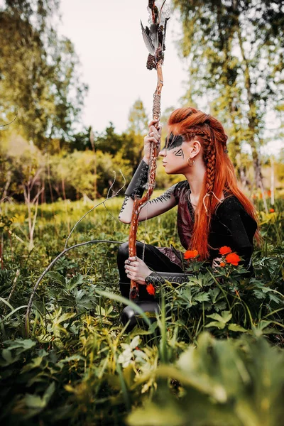 Girl Ethnic Scandinavian Costume Forest — Stock Photo, Image