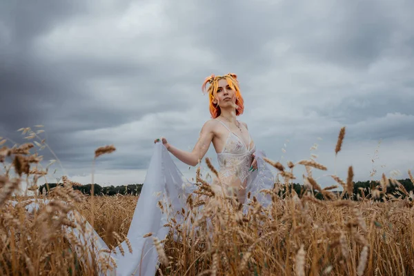 Дівчина Кольоровим Волоссям Нижній Білизні Пшеничному Полі — стокове фото