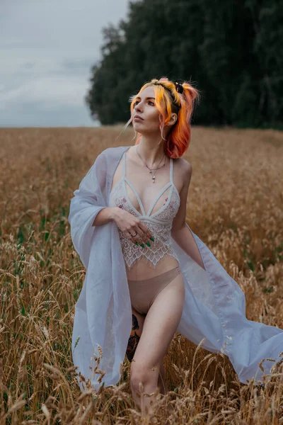 Ragazza Con Capelli Colorati Biancheria Intima Campo Grano — Foto Stock