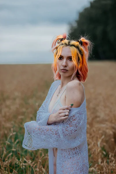 Девушка Цветными Волосами Нижнем Белье Пшеничном Поле — стоковое фото