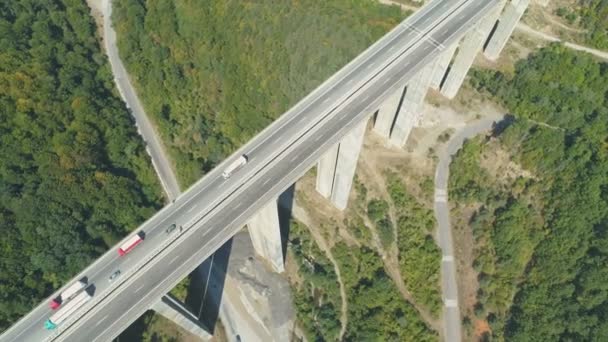 Luchtfoto drone uitzicht op de snelwegbrug met veel verkeer. Vrachtwagens langs de snelwegbrug — Stockvideo