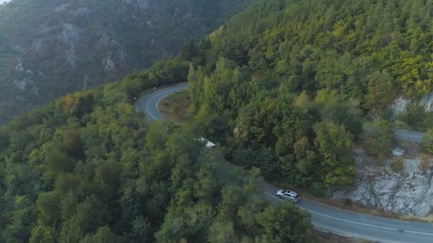 Drone goni ciężarówkę i dwa samochody na drodze górskiego przejścia z pięknym lasem — Wideo stockowe