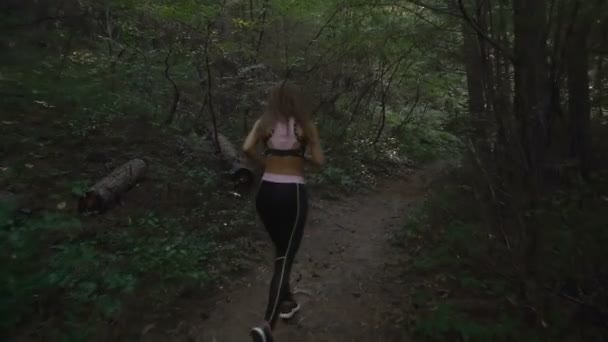 运动黑发女孩小径在树林里奔跑，慢动作镜头 — 图库视频影像