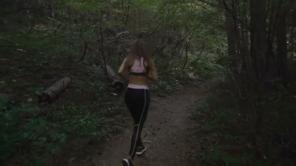 Sport Brunette Girl Trail körs i skogen, slow motion film — Stockvideo