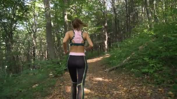 Flexível, magro e apto menina pára de correr para uma curta pausa — Vídeo de Stock