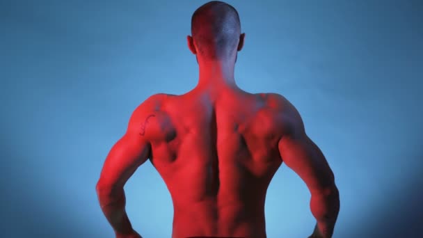 Bodybuilder Utföra bakre Lat Spread Pose och poserar för studio session — Stockvideo