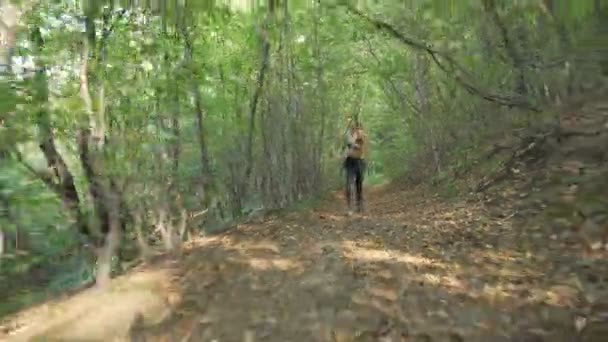 Deportiva chica corriendo en el camino del bosque — Vídeos de Stock