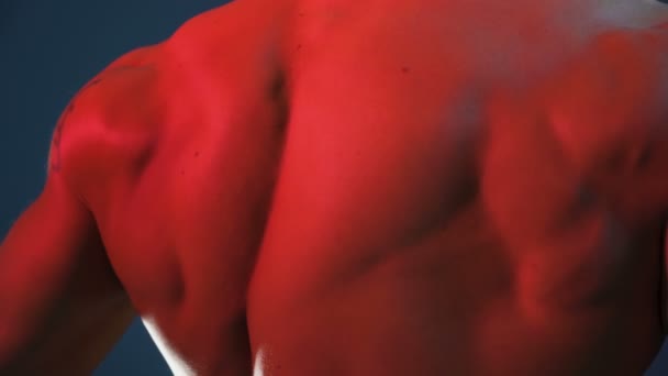 Aus der Nähe von Bodybuilder Rückenmuskeln. großer Fitness-Körper eines männlichen Bodybuilders — Stockvideo