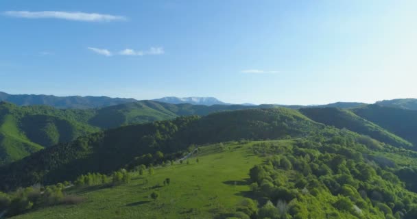 Green meadows and pastures in the mountains aerial drone view — Stock Video