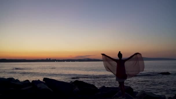 Ragazza si trova sulla spiaggia e tiene sciarpa sopra la testa contro il tramonto sull'orizzonte del mare — Video Stock