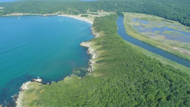 Flygdrönare syn på Veleka River mun och Sinemorets Shore. Gröna skogar och myrar nära kusten i Bulgarien — Stockvideo