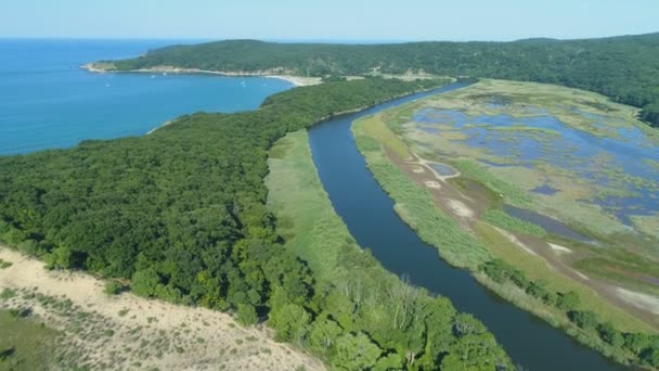 Vue aérienne d'été de l'embouchure du fleuve Veleka, entrée de la mer Noire, Bulgarie — Video