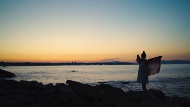 Silueta de mujer feliz sin preocupaciones bailando en la playa al atardecer sosteniendo bufanda — Vídeo de stock