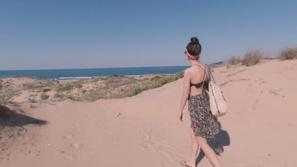 Frau mit Kopftuch, Sonnenbrille und Strandtasche, die auf Sanddünen spaziert. Meereshorizont im Hintergrund — Stockvideo