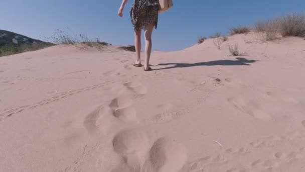 Glückliche unbeschwerte Frau in Anzug, Rock und Sonnenbrille, die in Flip-Flops am Sandstrand spaziert — Stockvideo