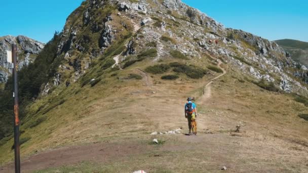 El hombre viaja con el perro en las montañas. Mochilero hombre relajarse en el campo con vista panorámica del paisaje. — Vídeos de Stock