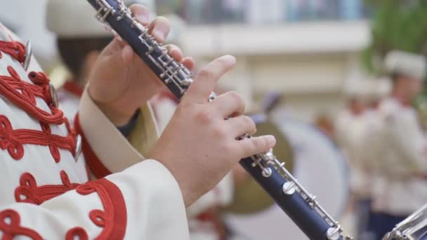Национальная гвардия мужской духовой оркестр в официальной форме на параде, крупным планом — стоковое видео
