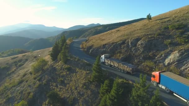 Flygfoto över en två timmer lastbil kör längs ett bergspass i solig dag — Stockvideo