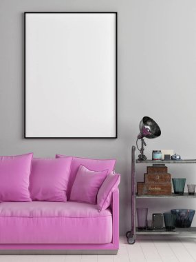 Çatı katında poster pembe puding kanepe, 3d render, 3d çizim ile alay