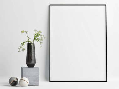 Poster boş çerçeve dekorasyon kompozisyon, 3d render, 3d çizim ile sahte kadar alay