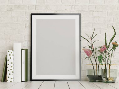 Poster, boş çerçeve çiçek ve Kitaplar dekor, 3d render, 3d çizim ile alay