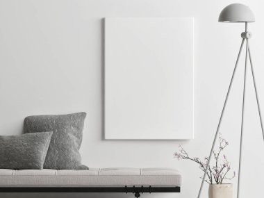 Ev dekorasyon, 3d render, 3d resimde beyaz duvar üzerinde poster kadar alay