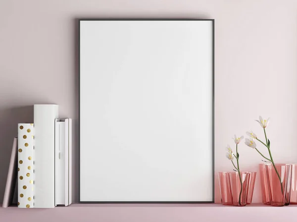 Finta Cornice Poster Sul Minimalismo Rosa Parete Rendering Illustrazione — Foto Stock