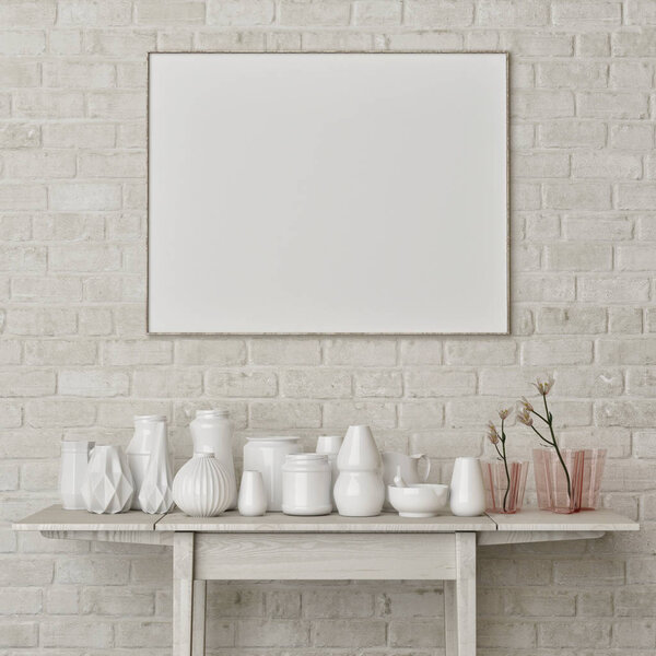 Плакат с белым декором на стене из белого кирпича, 3D рендеринг, 3D иллюстрация
