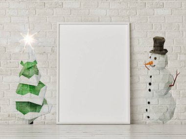 Noel baskı, 3d render, 3d çizim ile tuğla duvar üzerine poster kadar alay