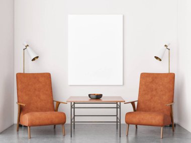 Alay poster, hipster arka plan, koltuk, Masa retro tarzı, 3d render, 3d çizim.