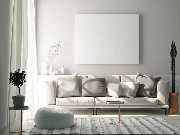 Mock Poster Scandinavian Living Room Concept Render Illustration — Stock Photo, Image