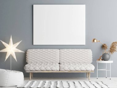 İskandinav dekorasyon oda, 3d render, 3d çizim posterdeki kadar alay