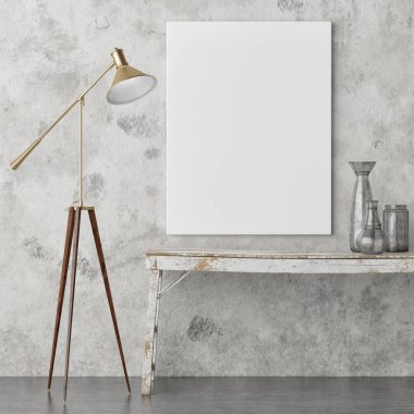 Alay poster, retro iç tasarımı, lamba, eski tablo ve dekorasyon, 3d render, 3d çizim.