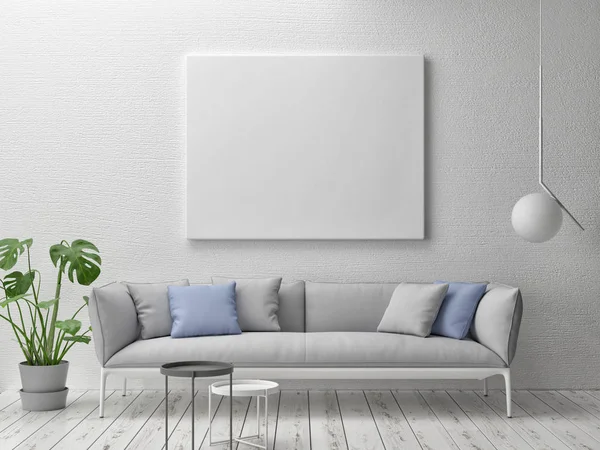 Mock Poster Scandinavische Begrip Interieur Met Brede Sofa Render Illustratie — Stockfoto