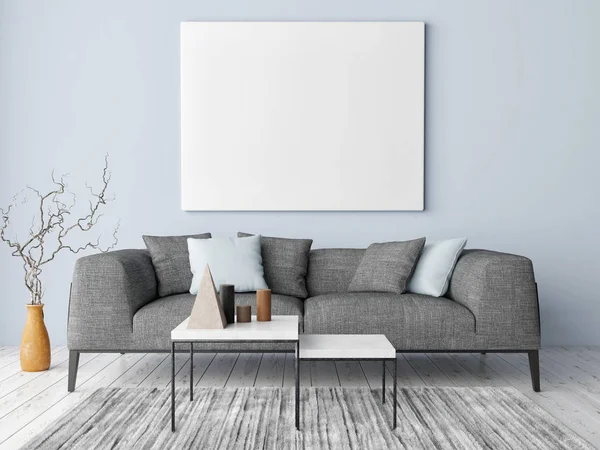 Poster Attrappe Auf Hipster Hintergrund Blaue Wand Dekoration Und Sofa — Stockfoto