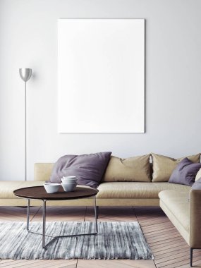 İskandinav oturma odası arka plan, 3d render, 3d çizim posterdeki kadar alay