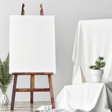 Tuval kadar alay sanatsal stüdyo, iki gül poufs, 3d render, 3d çizim