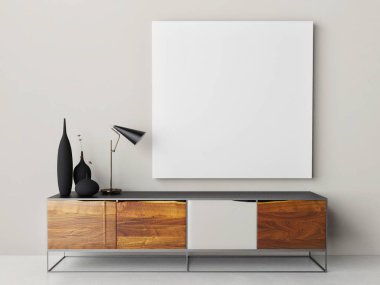 Poster retro çekmece göğüs, lamba ve ev dekorasyon, 3d render, 3d çizim ile alay.