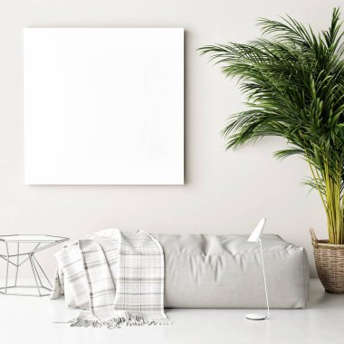 Alay poster, kanepe, palmiye ağacı, hipster arka plan, 3d resim, 3d render.