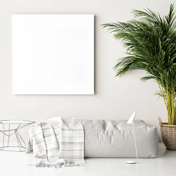 Poster Attrappe Sofa Palme Hipster Hintergrund Illustration Rendering — Stockfoto