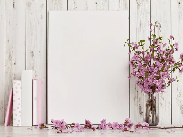 Cartaz Mock Com Decoração Flor Rosa Chão Madeira Branca Renderização — Fotografia de Stock