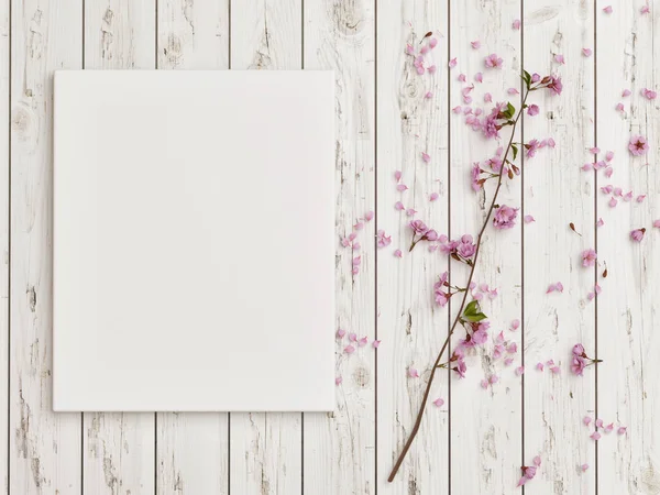 Makiety Plakat Róży Kwiat Ozdoba Białe Drewniane Podłogi Render Ilustracja — Zdjęcie stockowe