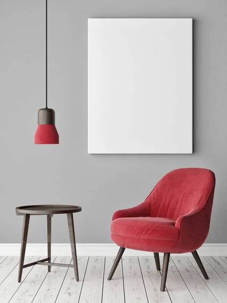 Makiety Plakat Szare Ściany Czerwone Meble Nowoczesny Minimalistyczny Design Render — Zdjęcie stockowe