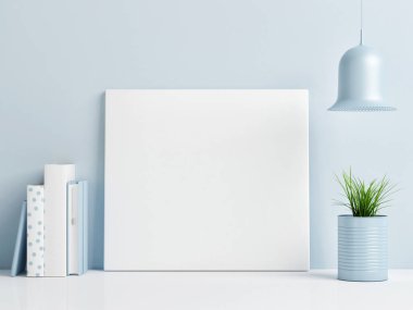 Poster mavi arka plan duvar, Minimalizm kompozisyon, 3d render, 3d çizim üzerinde yukarı alay