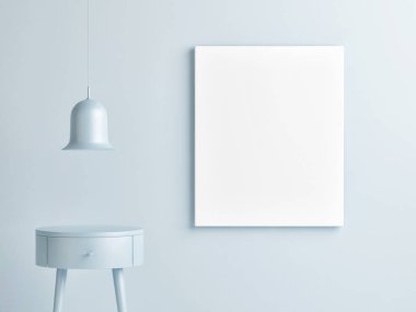 Poster mavi arka plan duvar, Minimalizm kompozisyon, 3d render, 3d çizim üzerinde yukarı alay