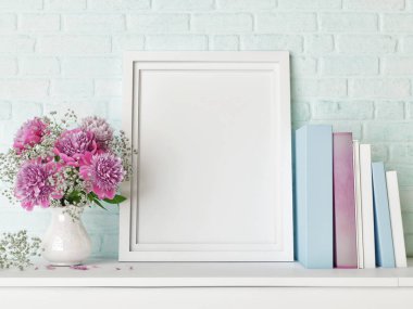 Alay poster, hipster arka plan, çiçekler ve kitaplar, 3d render, 3d çizim.