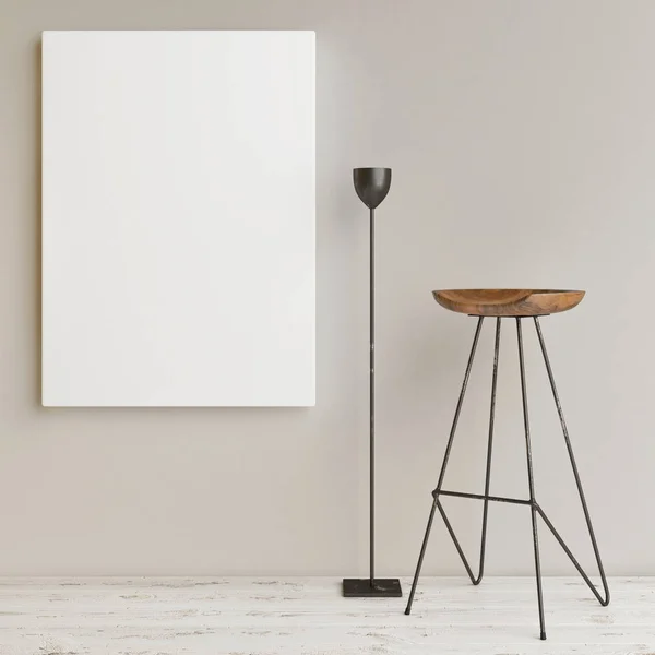 Vysmívat Plakát Minimalismus Design Židle Lampa Rendering Obrázek — Stock fotografie