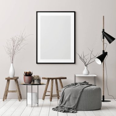 Alay poster, retro iç İskandinav tarzı, 3d render, 3d çizim.