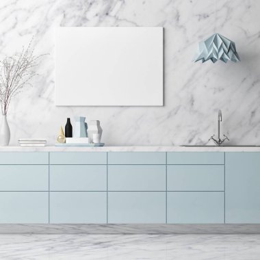 Poster, mutfak malzemeleri beyaz mermer duvar, 3d render, 3d çizim üzerinde yukarı alay