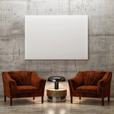 Poster, iki koltuk, 3d render, 3d Resim Sergisi Oda kadar alay